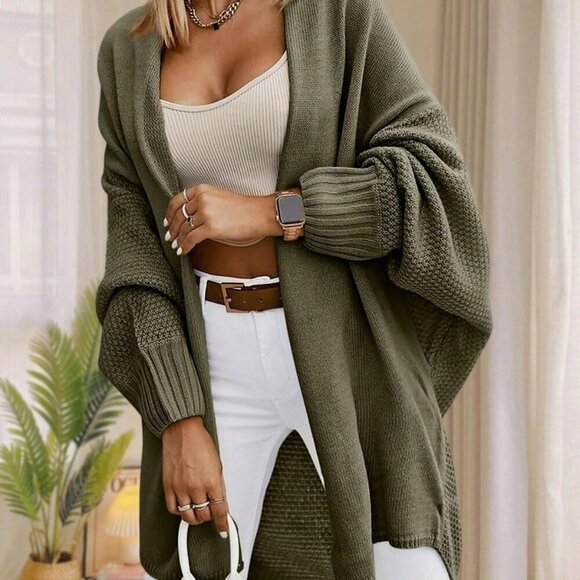 Army Green Casual Women's Oversized Open Front Batwing Sleeve  Sweater Cardigan - Picture 1 of 3